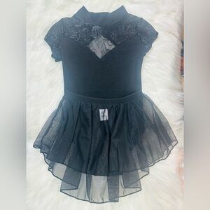 Elegant Black Kids Ballet Leotard With Skirt Dance Set